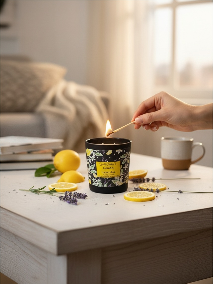 Scandal Candles Co. Lemon & Lavender two-wick candle being lit on a table with fresh lemon slices and lavender sprigs.