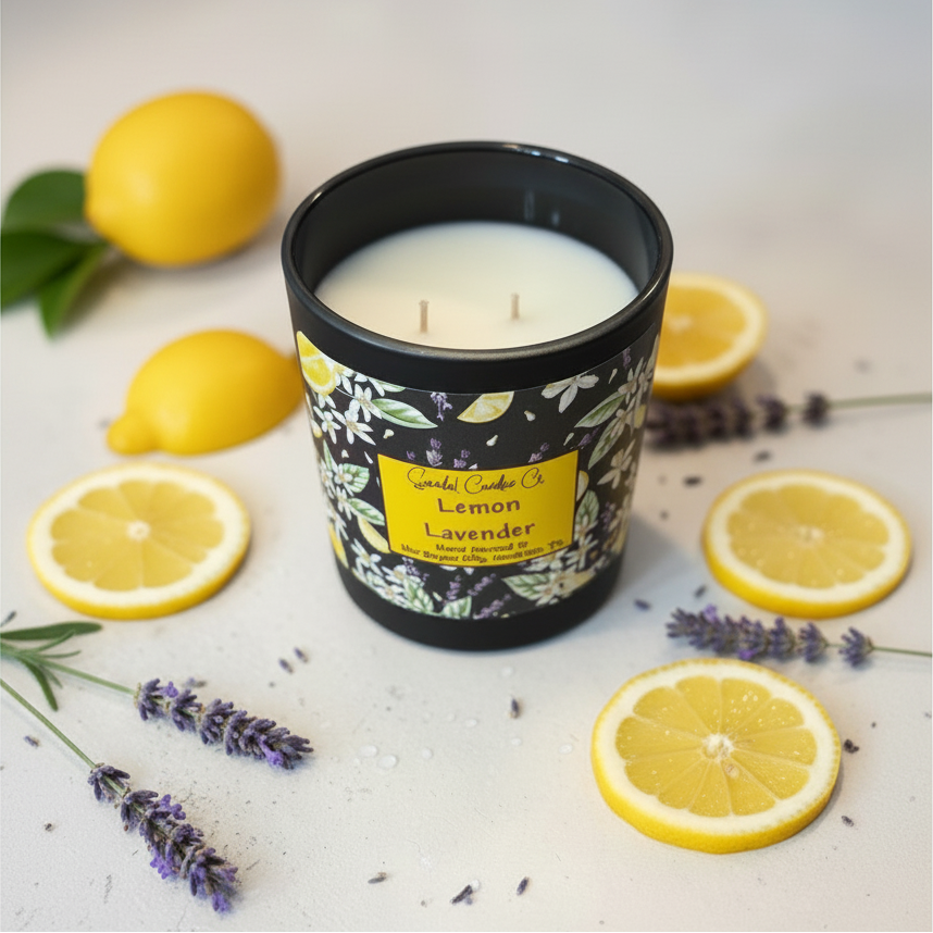 Scandal Candles Co. Lemon & Lavender two-wick candle in a black jar surrounded by fresh lemon slices and lavender.