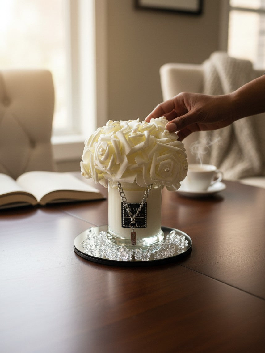 Scandal Candles Co. Pearl Glamour 9 oz two-wick candle with white rose lid, silver chain charm, and crystal accents.