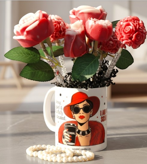 Scandal Candles Co. rose bouquet candle set in a fashion-illustrated mug with red rose candles and pearl accents